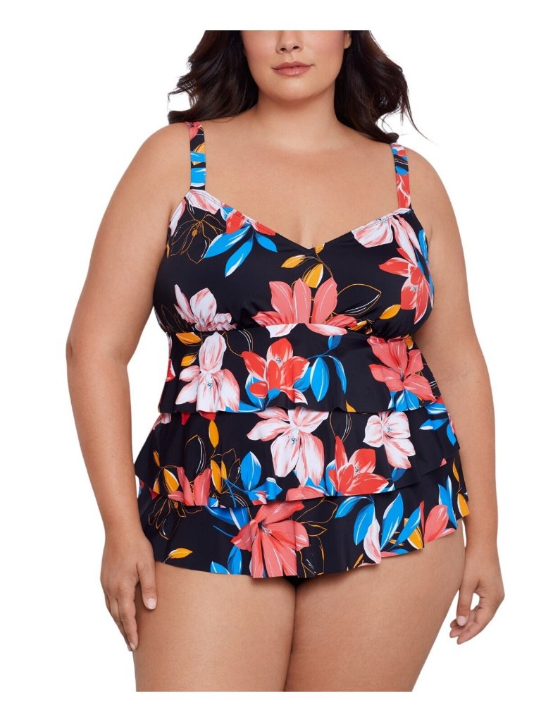 Nwt Swim Solutions Tiered Floral-Print One Piece Floral Park Black Multi 22w